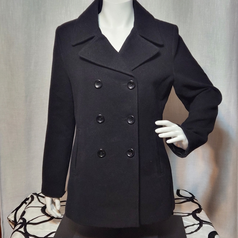George Double-Breasted Faux Wool Peacoat Jet Black Medium Womens